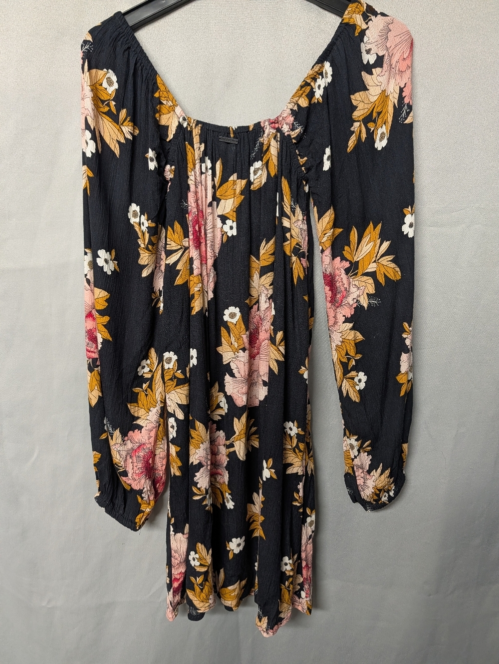 Black Floral Long Sleeve Babydoll Dress - Pink & Mustard Flowers - Picture 7 of 10
